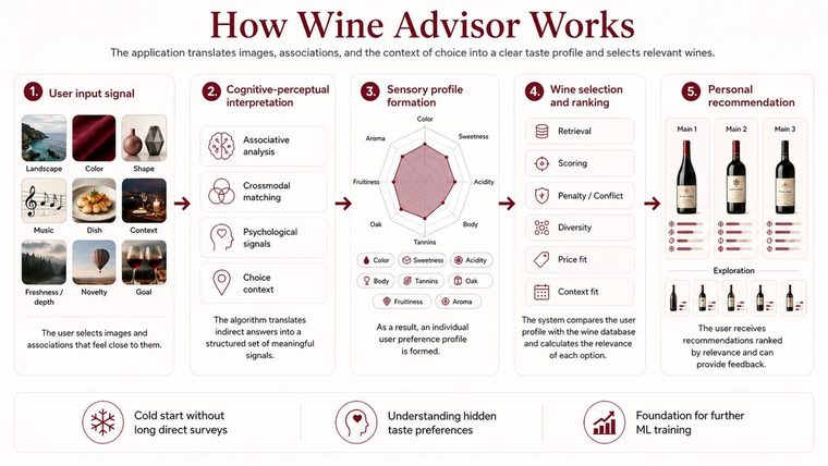 WineLab flow from associative inputs to sensory profile and recommendations