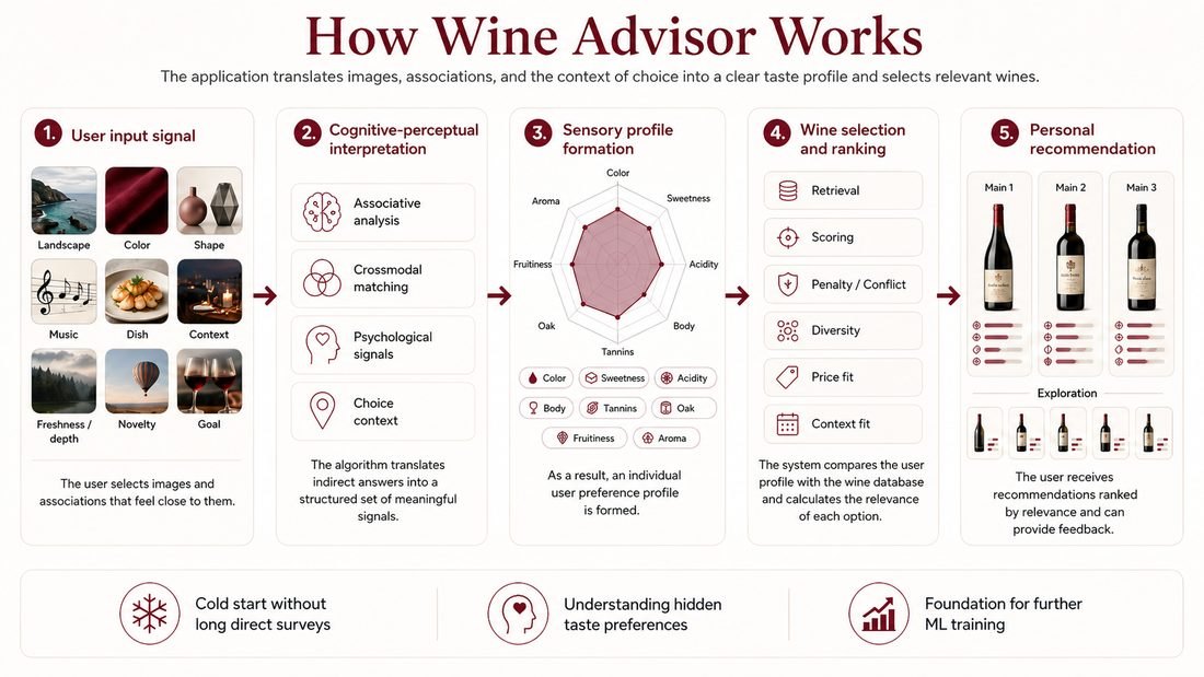 WineLab associative quiz to sensory profile to protected recommendation engine to six wine recommendations